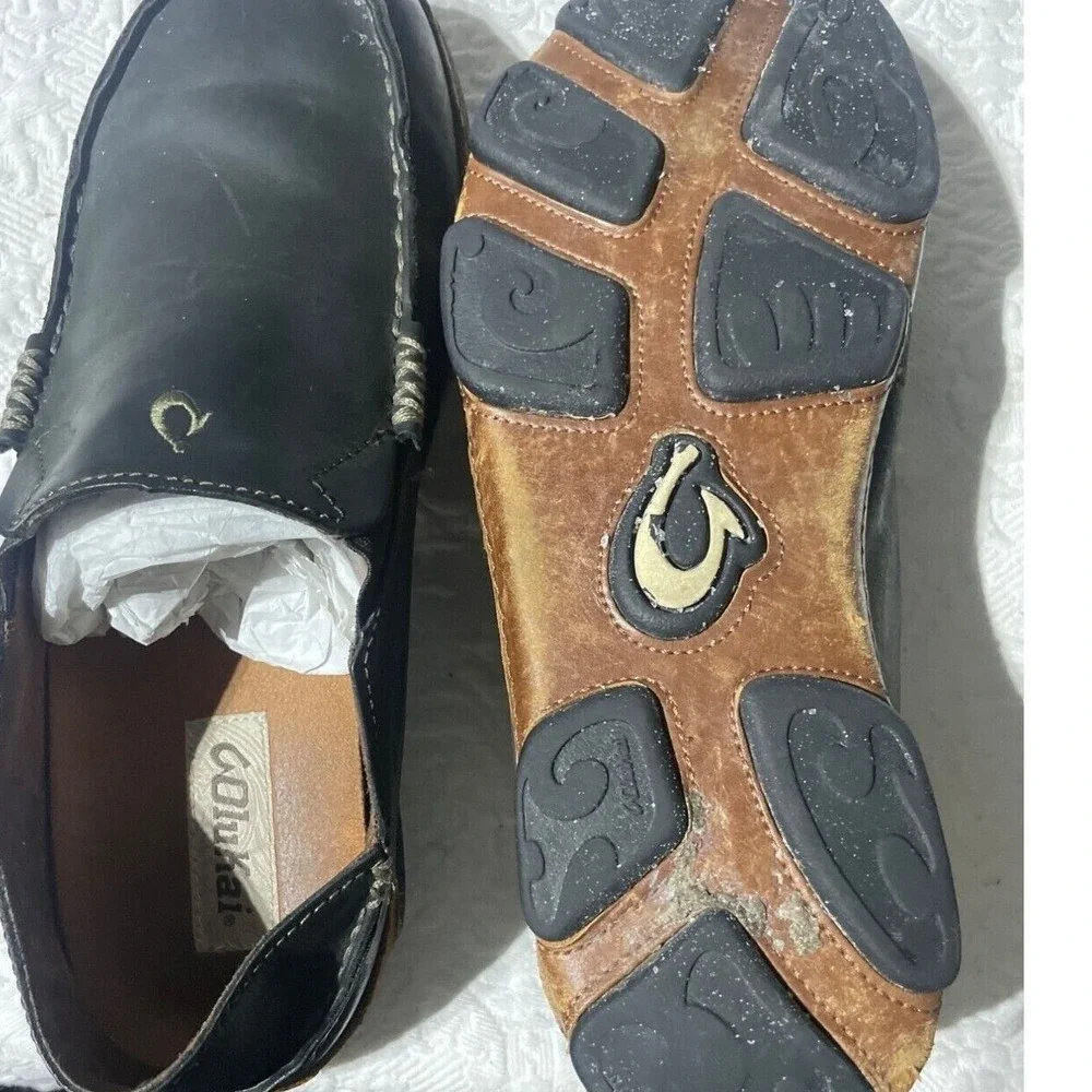 OluKai Moloa Mens Black Leather Slip On Loafers Moccasin Shoes‎ Drop In Heel 8.5